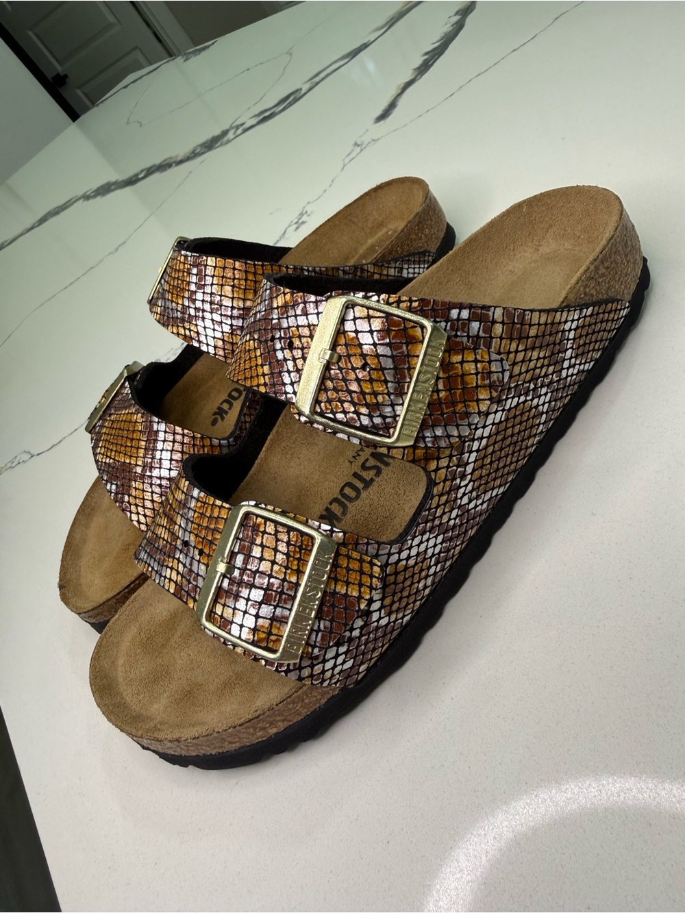 Birkenstock Arizona Shiny Python Brown Snake Print Sandals Women's Size 37 US 6